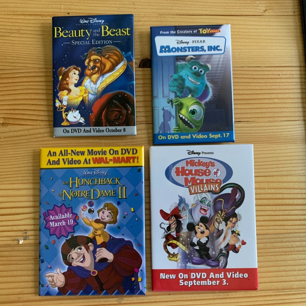 Disney Pixar Promotional Pinback Button Set Beauty Beast Monsters Inc Mickey 4pc